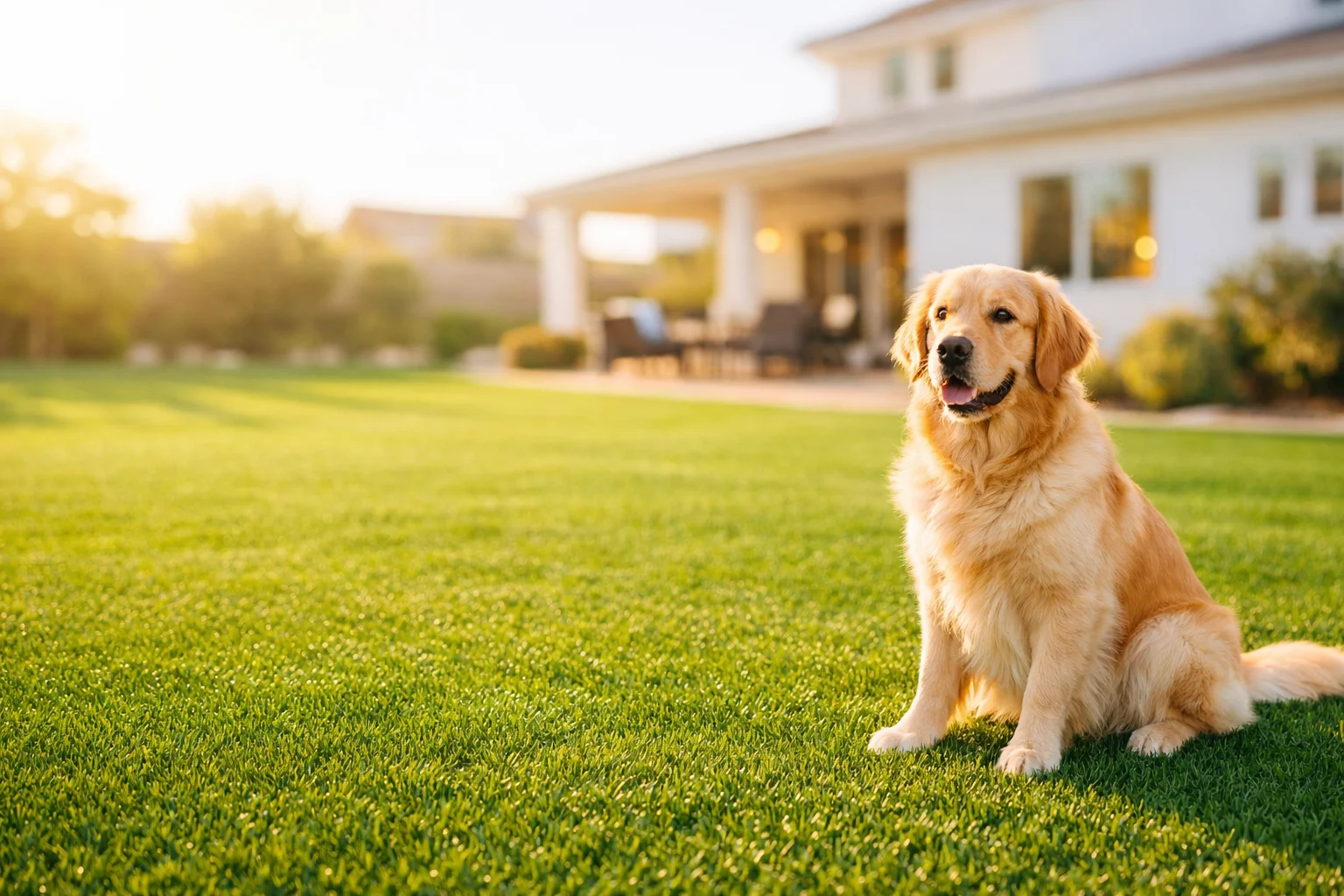 Golden retriever sitting on clean artificial turf