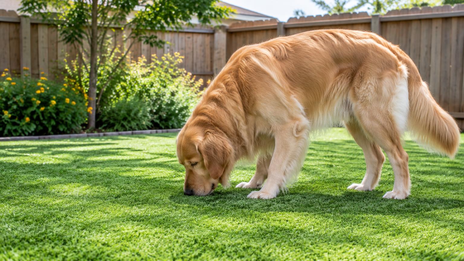 Golden retriever sniffing artificial turf in a sunny backyard